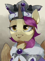 Size: 3120x4200 | Tagged: safe, artist:cadillacdynamite, derpibooru import, princess platinum, oc, oc only, pegasus, pony, equestria at war mod, bust, crown, fake horn, female, high res, jewelry, mare, portrait, pouting, regalia, solo, the new order: last days of europe