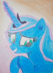 Size: 2058x2790 | Tagged: safe, artist:averkoswolf, derpibooru exclusive, derpibooru import, princess luna, alicorn, pony, g4, colored pencil drawing, cute, eyebrows, eyelashes, female, glowing, glowing horn, grin, horn, lunabetes, mare, smiling, solo, traditional art