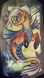 Size: 458x800 | Tagged: safe, artist:temrin, derpibooru import, oc, oc only, hybrid, merpony, original species, seapony (g4), colored pupils, dorsal fin, female, fin wings, fins, fish tail, flowing tail, gem, gills, golden eyes, logo, mare, scales, smiling, solo, tail, watermark, wings, yellow mane