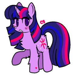 Size: 527x537 | Tagged: safe, artist:computershits, derpibooru import, twilight sparkle, unicorn twilight, unicorn, alternate cutie mark, alternate design, chest fluff, female, hoof fluff, hoof heart, leg fluff, looking at you, raised hoof, raised leg, simple background, solo, standing, white background