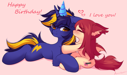 Size: 3509x2073 | Tagged: safe, artist:airiniblock, derpibooru import, oc, oc:airi, oc:vajr, bat pony, unicorn, cute, happy birthday, kissing