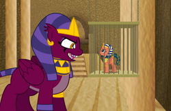 Size: 2462x1606 | Tagged: safe, artist:aleximusprime, derpibooru import, somnambula, sphinx (character), pegasus, pony, sphinx, flurry heart's story, anatankha, cage, egyptian headdress, egyptian pony, evil grin, female, grin, imprisoned, let my ponies go, mare, ruins, sharp teeth, smiling, teeth