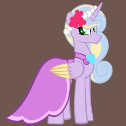 Size: 2048x2048 | Tagged: safe, artist:chelseawest, derpibooru import, oc, oc:lilac hearts, alicorn, alicorn oc, bridesmaid, bridesmaid dress, clothes, dress, horn, offspring, offspring's offspring, parent:oc:globe thistle, parent:oc:tempered beauty, parents:oc x oc, petalverse, raised hoof, raised leg, wings