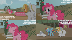 Size: 4400x2475 | Tagged: safe, derpibooru import, edit, edited screencap, editor:quoterific, screencap, applejack, pinkie pie, rainbow dash, alligator, earth pony, pegasus, pony, castle mane-ia, season 4, eyes closed, female, hazmat suit, male, mare, open mouth, open smile, smiling, spread wings, sweet apple acres, text, wings