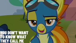 Size: 1920x1080 | Tagged: safe, derpibooru import, edit, edited screencap, editor:quoterific, screencap, spitfire, pegasus, pony, newbie dash, season 6, clothes, female, goggles, mare, open mouth, open smile, raised eyebrow, smiling, solo, text, uniform, wonderbolts uniform