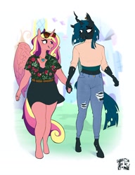Size: 3151x4096 | Tagged: safe, artist:fizzlesoda2000, derpibooru import, princess cadance, queen chrysalis, alicorn, anthro, changeling, changeling queen, unguligrade anthro, blouse, cadalis, clothes, eye contact, female, holding hands, infidelity, jeans, lesbian, looking at each other, mare, pants, princess cheatdance, ripped pants, shipping, skirt, smiling, smiling at each other, sunglasses, sweater, torn clothes, turtleneck
