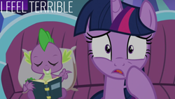 Size: 1920x1080 | Tagged: safe, derpibooru import, edit, edited screencap, editor:quoterific, screencap, spike, twilight sparkle, twilight sparkle (alicorn), alicorn, dragon, pony, amending fences, season 5, book, duo, eyes closed, female, male, mare, open mouth, text