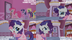 Size: 4400x2475 | Tagged: safe, derpibooru import, edit, edited screencap, editor:quoterific, screencap, fluttershy, pinkie pie, rainbow dash, rarity, twilight sparkle, unicorn twilight, earth pony, pegasus, pony, unicorn, season 1, suited for success, carousel boutique, female, mare, marshmelodrama, open mouth, rarity being rarity, text