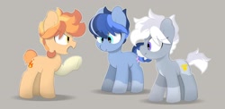 Size: 2769x1351 | Tagged: safe, artist:mochi_nation, derpibooru import, oc, oc only, oc:flame egg, oc:galaxy, oc:silver bolt, earth pony, pony, argument, coat markings, eye clipping through hair, female, gray background, mare, simple background, socks (coat marking), trio