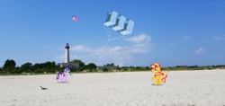 Size: 1366x646 | Tagged: safe, artist:davidsfire, artist:jeatz-axl, artist:paganmuffin, artist:thedoubledeuced, derpibooru import, pinkie pie, starlight glimmer, sunset shimmer, earth pony, pony, unicorn, beach, cartoon physics, female, flying, irl, irl photo, kite, looking up, mare, open mouth, open smile, photo, pinkie being pinkie, pinkie physics, ponies in real life, raised hoof, raised leg, smiling, that pony sure does love kites, trio, trio female