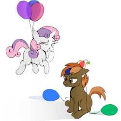 Size: 2207x2208 | Tagged: artist needed, source needed, safe, derpibooru import, button mash, sweetie belle, earth pony, pony, unicorn, balloon, button mash is not amused, eyes closed, floating, frown, giggling, grin, nose wrinkle, requested art, simple background, smiling, unamused, white background