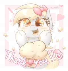 Size: 1836x1920 | Tagged: safe, artist:phoenixrk49, derpibooru import, derpy hooves, pegasus, pony, blushing, bust, cute, derpabetes, exclamation point, eye reflection, female, food, happy, heart, hoof on cheek, looking at something, mare, muffin, open mouth, open smile, reflection, ribbon, smiling, solo, text, thank you