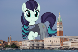 Size: 1600x1066 | Tagged: safe, artist:90sigma, artist:thegiantponyfan, derpibooru import, coloratura, earth pony, pony, clothes, dress, female, giant pony, giant/macro earth pony, giantess, highrise ponies, irl, italy, looking at you, macro, mare, mega giant, photo, ponies in real life, raised hoof, raised leg, smiling, smiling at you, venice