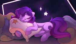 Size: 1490x860 | Tagged: safe, artist:rexyseven, derpibooru import, oc, oc only, oc:share dast, earth pony, pony, female, freckles, lying down, mare, on side, one eye closed, pillow, solo