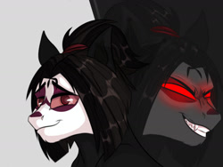 Size: 1280x960 | Tagged: safe, artist:arlekinarts, derpibooru import, oc, oc only, anthro, earth pony, anthro oc, bust, duality, earth pony oc, evil grin, glowing, glowing eyes, grin, red eyes, smiling, solo