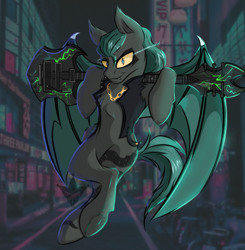 Size: 1237x1264 | Tagged: safe, artist:arlekinarts, derpibooru import, oc, oc only, bat pony, pony, bat pony oc, bat wings, bipedal, chest fluff, clothes, ear fluff, ears, electric guitar, guitar, male, musical instrument, outdoors, smiling, solo, stallion, vest, wings