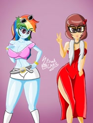 Size: 971x1294 | Tagged: safe, artist:spired_cake, derpibooru import, rainbow dash, human, equestria girls, breasts, cleavage, clothes, crossover, duo, eyelashes, female, gradient background, peace sign, rainboob dash, scooby doo, shorts, sunglasses, velma dinkley