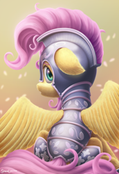 Size: 2400x3480 | Tagged: safe, artist:symbianl, derpibooru import, fluttershy, pegasus, pony, armor, crystal guard armor, ears, female, floppy ears, looking at you, looking back, looking back at you, mare, rear view, solo, spread wings, wings, worried