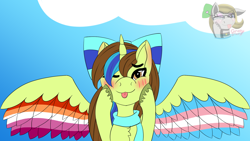 Size: 1600x900 | Tagged: safe, artist:gray star, derpibooru import, oc, alicorn, :p, alicorn oc, art trade, blushing, bow, clothes, ear blush, female, hair bow, hooves on cheeks, horn, lesbian pride flag, pride, pride flag, scarf, spread wings, tongue, tongue out, trans female, transgender, transgender pride flag, wings