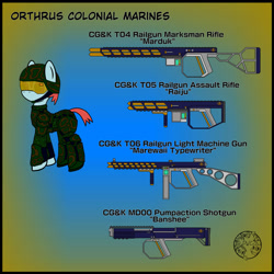 Size: 1280x1280 | Tagged: safe, artist:dice-warwick, derpibooru import, fallout equestria, fallout equestria: dance of the orthrus, armor, fanfic art, gun, railgun, rifle, shotgun, weapon