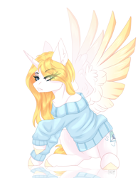 Size: 2092x2689 | Tagged: artist needed, safe, derpibooru import, oc, oc only, oc:sweetie shy, alicorn, pony, alicorn oc, clothes, female, horn, mare, present, simple background, solo, wings