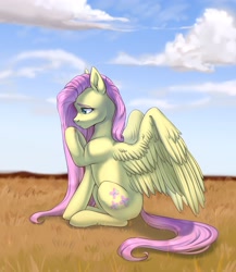 Size: 2000x2300 | Tagged: safe, artist:renka2802, derpibooru import, fluttershy, pegasus, pony, blowing, cute, cutie mark, female, field, long hair, pink tail, solo, spread wings, tail, wings