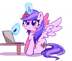 Size: 1543x1311 | Tagged: safe, artist:leo19969525, derpibooru import, oc, oc only, alicorn, pony, glowing, glowing horn, horn, magic, simple background, sitting, solo, spread wings, table, tail, white background, wings