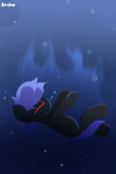 Size: 2000x3000 | Tagged: safe, artist:arche, derpibooru import, oc, oc only, oc:arche, earth pony, pony, asphyxiation, blue background, bubble, crepuscular rays, drowning, earth pony oc, eyes closed, lineless, ocean, purple, red eyes, simple background, solo, sunlight, underwater, water