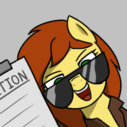 Size: 295x295 | Tagged: safe, artist:alexi148, derpibooru import, oc, oc only, oc:postal mare, earth pony, pony, aggie.io, clipboard, clothes, female, glasses, gray background, hi anon, looking at you, mare, meme, open mouth, open smile, petition, ponified, postal, postal 2, postal dude, simple background, smiling, smiling at you, solo, sunglasses, trenchcoat