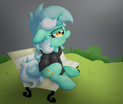 Size: 3138x2663 | Tagged: safe, artist:background basset, derpibooru import, lyra heartstrings, pony, unicorn, fanfic:background pony, bench, clothes, dig the swell hoodie, fanfic art, hoodie, sitting, solo