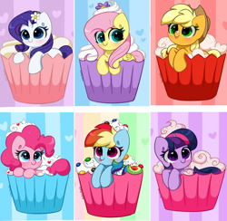 Size: 1214x1185 | Tagged: safe, artist:kittyrosie, derpibooru import, part of a set, applejack, fluttershy, pinkie pie, rainbow dash, rarity, twilight sparkle, unicorn twilight, earth pony, pegasus, pony, unicorn, :p, abstract background, applejack's hat, blushing, cake, chocolate, clothes, cowboy hat, cupcake, cupcake pony, cute, dashabetes, diapinkes, female, floating heart, flower, flower in hair, food, hat, heart, heart eyes, jackabetes, kittyrosie is trying to murder us, looking at you, m&m's, mane six, mare, mlem, rainbow and cupcakes, rainbow background, raribetes, shyabetes, signature, silly, silly pony, simple background, smiling, smiling at you, solo, sprinkles, tongue, tongue out, twiabetes, twilight sprinkle, wall of tags, whipped cream, who's a silly pony, wingding eyes