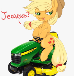 Size: 1879x1933 | Tagged: safe, artist:mushy, derpibooru import, applejack, earth pony, pony, apple, female, food, lawn mower, mare, photo, sweat