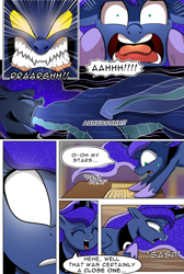 Size: 732x1091 | Tagged: safe, artist:candyclumsy, derpibooru import, princess luna, alicorn, dragon, ghost, pony, comic:luna's cronenberg, alicorn princess, angry, black and white, book, canterlot, canterlot castle, comic, commissioner:bigonionbean, dream, dream walker luna, ethereal mane, ethereal tail, falling, female, force feeding, forced, gag, gagging, glowing, glowing eyes, grayscale, hooves, horn, jewelry, magic, mare, monochrome, panicking, regalia, screaming, spirit, swallow, swallowing, tail, terrified, wings, writer:bigonionbean