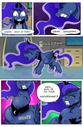 Size: 1800x2740 | Tagged: safe, artist:candyclumsy, derpibooru import, princess luna, alicorn, pony, comic:luna's cronenberg, alicorn princess, black and white, canterlot, canterlot castle, comic, commissioner:bigonionbean, cutie mark, ethereal mane, ethereal tail, female, grayscale, gritted teeth, high res, hooves, horn, jewelry, magic, mare, monochrome, panicking, pony to dragon, regalia, shocked, shocked expression, species swap, sweat, swelling, tail, transformation, transformation sequence, vein bulge, wings, writer:bigonionbean