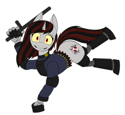 Size: 1924x1768 | Tagged: safe, artist:rorrek, derpibooru import, oc, oc only, oc:blackjack, cyborg, pony, unicorn, fallout equestria, fallout equestria: project horizons, ammunition, amputee, baton, dilated pupils, fanfic art, playing card, prosthetics, red and black oc, shotgun shell, simple background, slasher smile, solo, transparent background