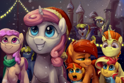Size: 1274x854 | Tagged: safe, artist:freeedon, artist:jewellier, derpibooru import, derpy hooves, stellar flare, sunburst, sunset shimmer, pegasus, pony, unicorn, comic:the princess of love, brother and sister, clothes, colt, colt sunburst, female, filly, filly sunset shimmer, foal, grin, looking up, male, mare, open mouth, scarf, siblings, smiling, snow, snowfall, stallion, sunny siblings, sunspot (character), winter, younger