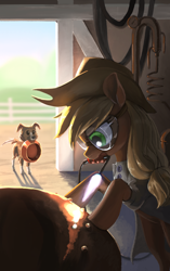 Size: 1838x2925 | Tagged: safe, artist:nadnerbd, derpibooru import, applejack, winona, dog, earth pony, pony, fanfic:contraptionology!, barn, blowtorch, bowl, cowboy hat, equipment, fanfic art, food bowl, goggles, hat, high res, mouth hold, safety goggles, stetson, working