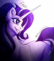 Size: 906x1024 | Tagged: safe, artist:favoredartist, derpibooru import, starlight glimmer, pony, unicorn, cutie mark, female, gradient background, grin, horn, looking back, mare, signature, smiling, solo, traditional art