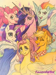 Size: 768x1024 | Tagged: safe, artist:favoredartist, derpibooru import, applejack, fluttershy, pinkie pie, rainbow dash, rarity, twilight sparkle, twilight sparkle (alicorn), alicorn, earth pony, pegasus, pony, unicorn, the last problem, applejack's hat, bandana, cape, clothes, cowboy hat, cutie mark, female, group, hat, horn, jewelry, looking at you, mane six, mare, older, older applejack, older fluttershy, older mane six, older pinkie pie, older rainbow dash, older rarity, older twilight, one eye closed, open mouth, open smile, raised hoof, raised leg, regalia, smiling, smiling at you, sparkles, spread wings, uniform, wings, wink, winking at you