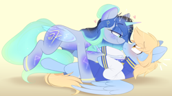 Size: 1300x729 | Tagged: safe, artist:higglytownhero, derpibooru import, oc, oc only, pegasus, pony, unicorn, blushing, clothes, commission, ethereal mane, eye clipping through hair, female, heart, lidded eyes, looking at each other, looking at someone, male, mare, simple background, stallion, starry mane, transparent wings, wings, yellow background