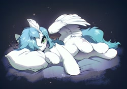 Size: 2048x1431 | Tagged: safe, artist:swaybat, derpibooru import, oc, oc only, oc:cynosura, pegasus, pony, female, looking at you, lying down, mare, on side, one eye closed, pillow, smiling, smiling at you, solo, spread wings, wings