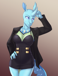 Size: 2550x3300 | Tagged: safe, artist:askbubblelee, oc, oc only, oc:imago, anthro, changedling, changeling, alternate universe, anthro oc, changedling oc, changeling oc, clothes, digital art, female, gradient background, willowverse