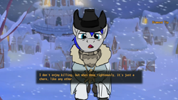 Size: 1366x768 | Tagged: safe, artist:potes, oc, oc only, oc:diamond tip, earth pony, amulet, armor, breastplate, celestia worship, cowboy hat, fallout: new vegas, frostpunk, jewelry, joshua graham, male, plate armor, ponyville, religious, snow, winter, winter outfit