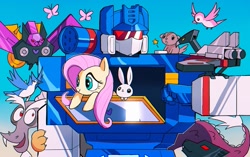 Size: 1789x1125 | Tagged: safe, artist:santaharabum, derpibooru import, idw, angel bunny, discord, fluttershy, bird, pony, rabbit, squirrel, animal, crossover, friendship in disguise, laserbeak, ratbat, ravage, soundwave, transformers