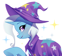 Size: 2517x2257 | Tagged: safe, artist:maren, derpibooru import, trixie, pony, unicorn, clothes, female, hat, looking at you, looking sideways, mare, profile, side view, simple background, solo, sparkles, trixie's hat, white background