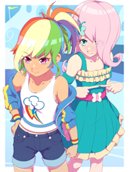 Size: 1200x1600 | Tagged: safe, artist:rockset, fluttershy, rainbow dash, human, equestria girls, clothes, denim shorts, dress, duo, female, hair over one eye, hand on hip, humanized, jacket, shorts, tan lines, tanktop