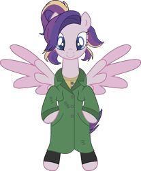 Size: 809x976 | Tagged: safe, artist:westrail642fan, derpibooru import, oc, oc only, oc:shooting star (r&f), pegasus, anastasia, bipedal, clothes, coat, colored wings, parent:oc:david wyne, parent:princess cadance, parents:canon x oc, ponytail, rise and fall, simple background, spread wings, transparent background, two toned wings, westrail642fan's cadance template, wings