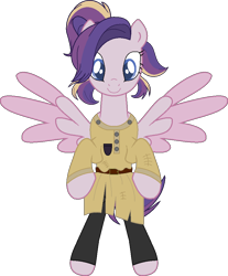 Size: 809x976 | Tagged: safe, artist:westrail642fan, derpibooru import, oc, oc only, oc:shooting star (r&f), pegasus, ponybooru collab 2022, anastasia, belt, bipedal, clothes, colored wings, parent:oc:david wyne, parent:princess cadance, parents:canon x oc, ponytail, rise and fall, shirt, simple background, spread wings, transparent background, trousers, two toned wings, westrail642fan's cadance template, wings