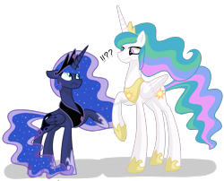 Size: 2113x1709 | Tagged: safe, artist:winter-scarf, derpibooru import, princess celestia, princess luna, alicorn, pony, :s, accessory swap, crown, exclamation point, female, hoof shoes, interrobang, jewelry, looking at each other, looking at someone, mare, necklace, question mark, raised hoof, raised leg, regalia, simple background, swap, transparent background, wavy mouth