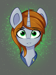 Size: 2400x3200 | Tagged: safe, artist:stravy_vox, derpibooru import, oc, oc only, oc:littlepip, pony, unicorn, fallout equestria, abstract background, alternate hairstyle, big horn, bust, clothes, eye clipping through hair, female, hair over one eye, horn, jumpsuit, looking at you, mare, portrait, smiling, smiling at you, solo, vault suit
